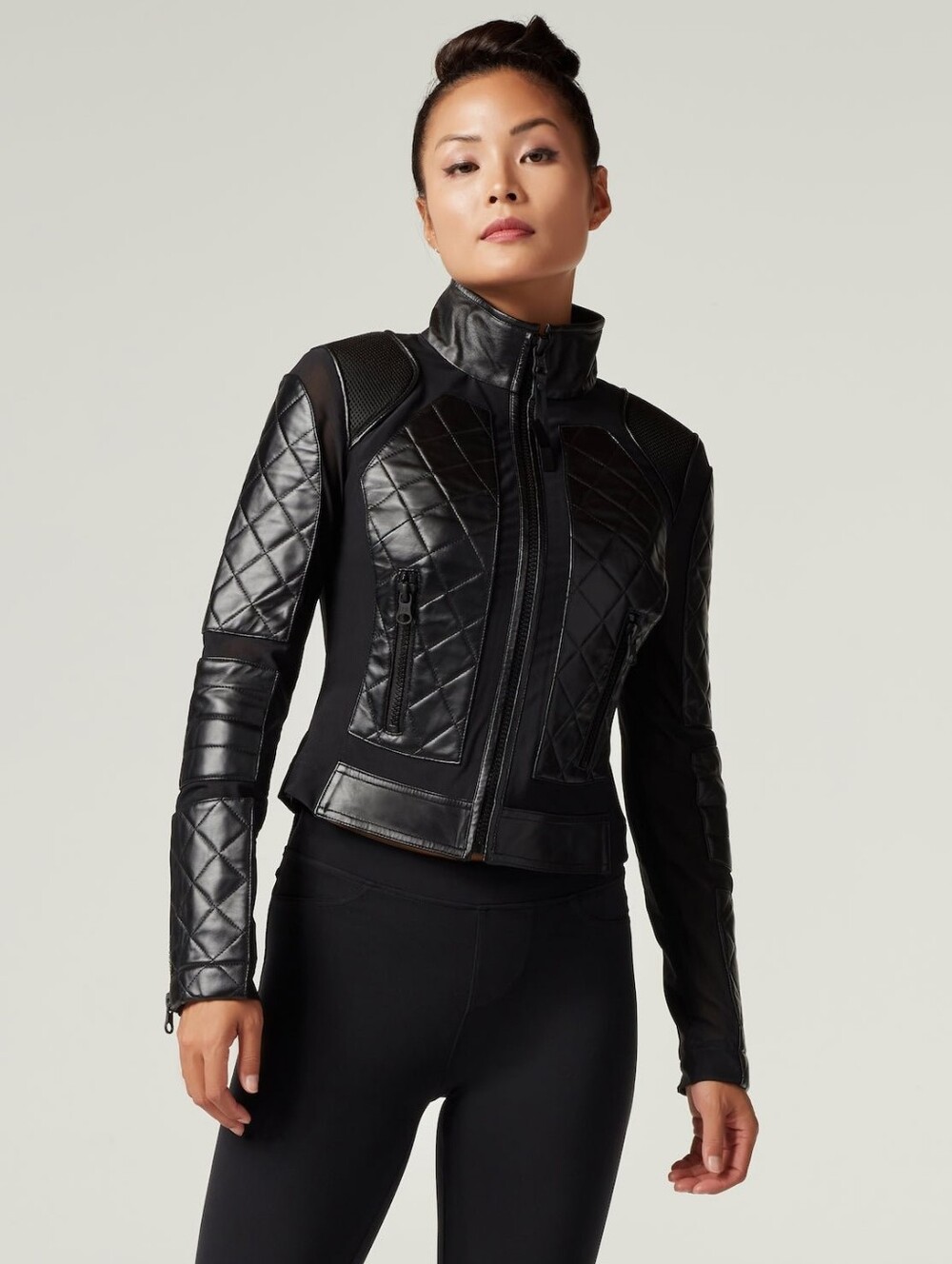 Blanc Noir Classic Leather Mesh Moto Jacket Black Sz L